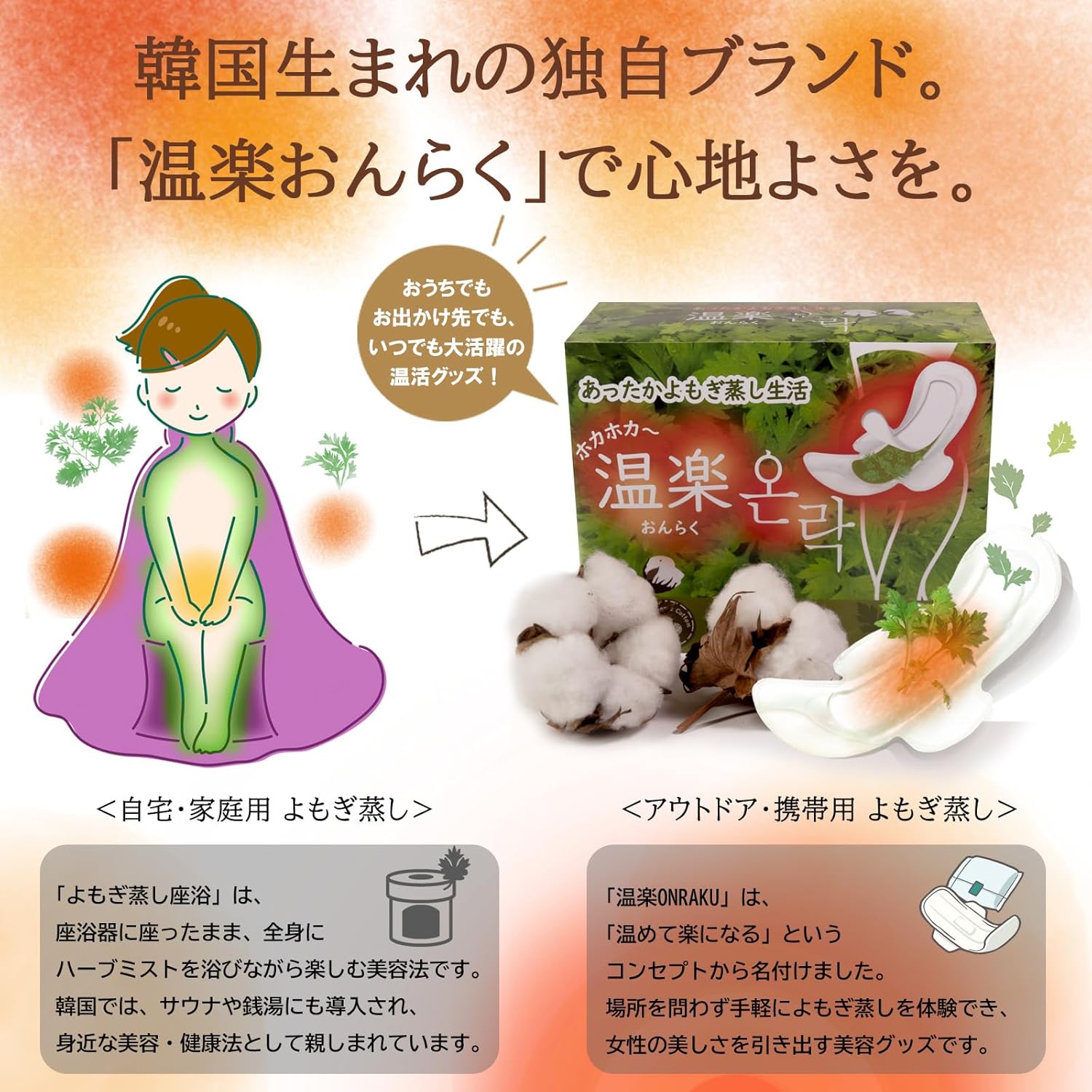 温楽 ONRAKU よもぎ蒸しパッド 箱入り7回分（よもぎパッド+温熱パック）超スリム型 4種ハーブ配合 よもぎ蒸し コットン使用 温活 妊活 よもぎパッド 韓国産 からだご褒美 1箱 画像3
